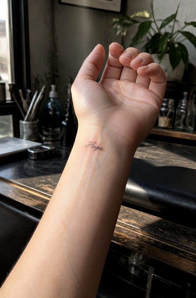 A tattoo of the word 'Hope' on the inner wrist.