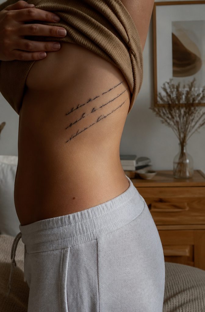 A tattoo featuring a quote on the ribcage.