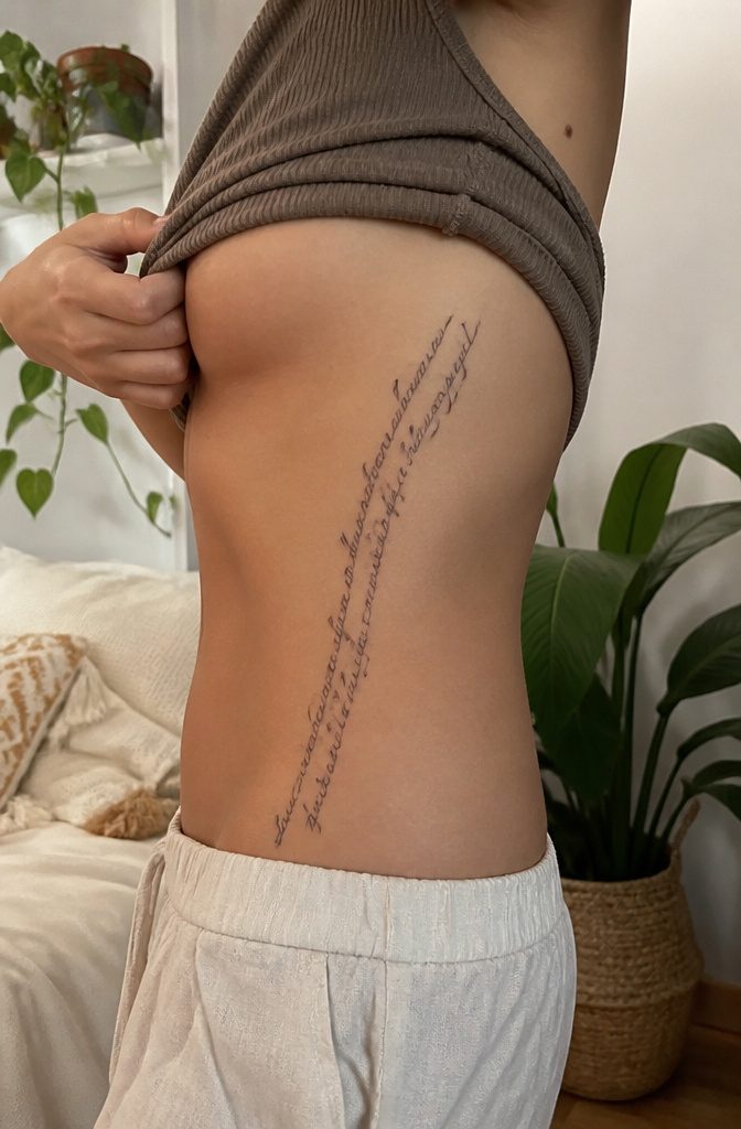 A tattoo with a quote along the ribcage.