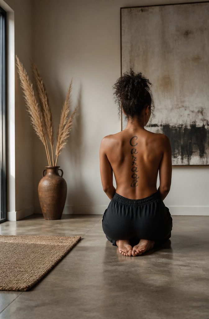 A tattoo with text along the spine.