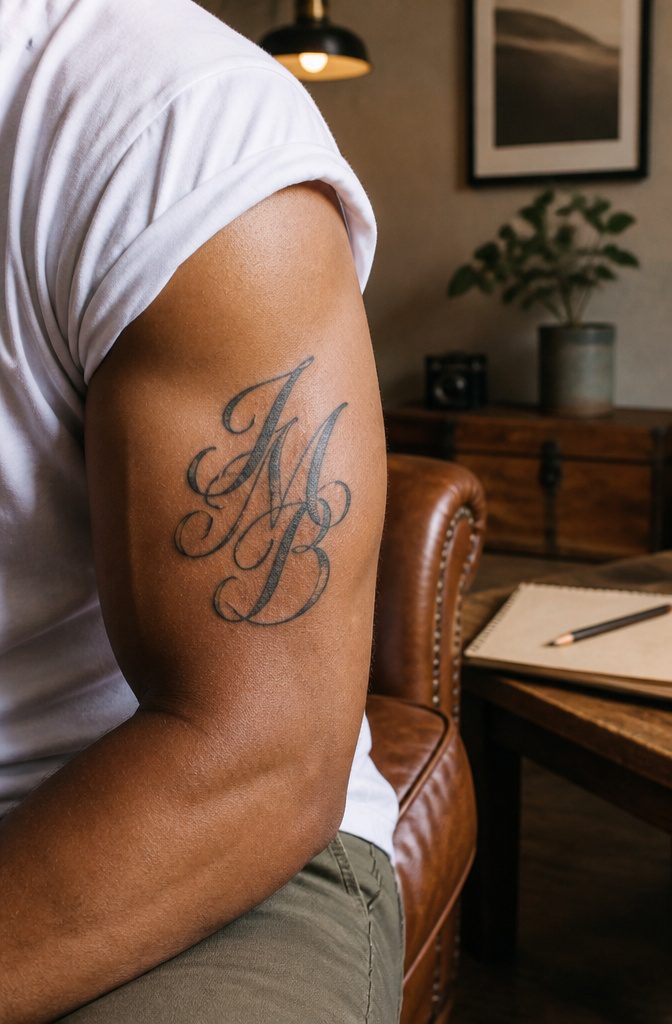 A tattoo of initials on the upper arm.