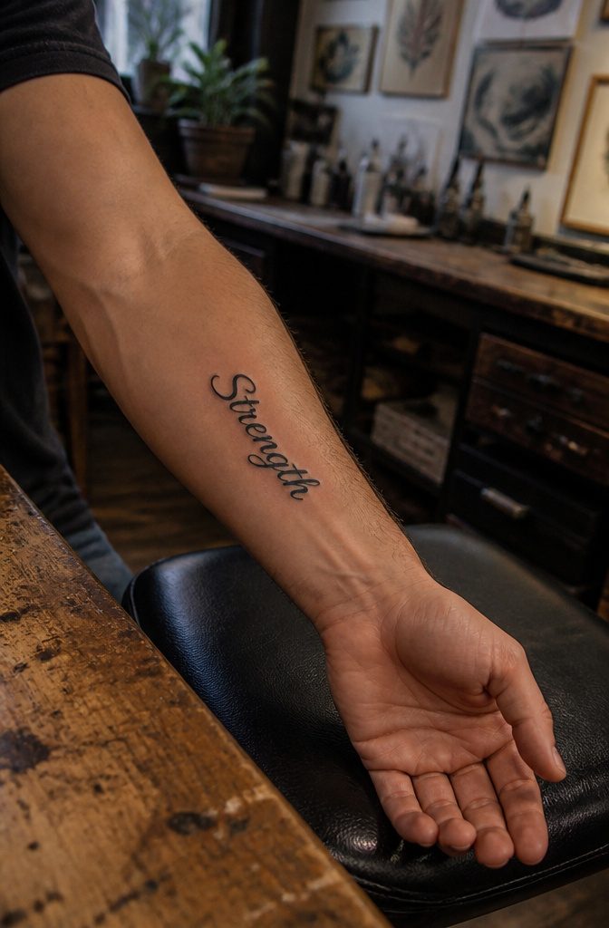 A tattoo of the word 'Strength' on a wrist and forearm.