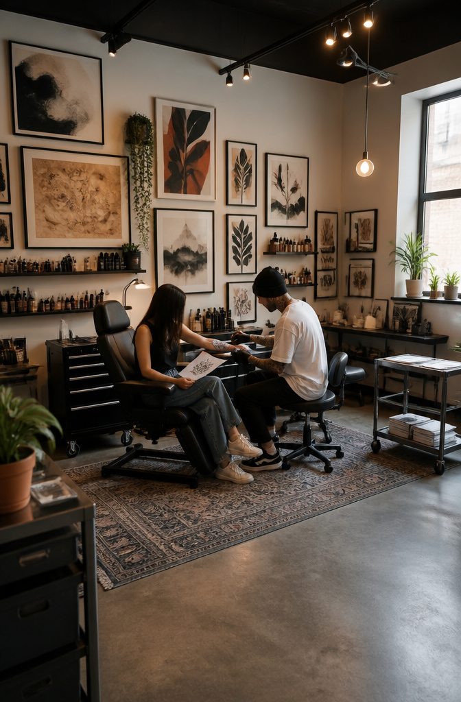 Tattoo artist discussing design placement with a client using a stencil.
