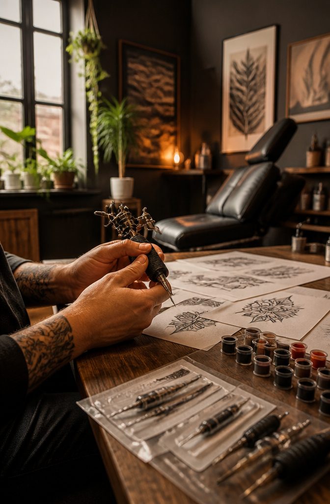 Tattoo placement planner with a chair and a tattoo machine above sketches.