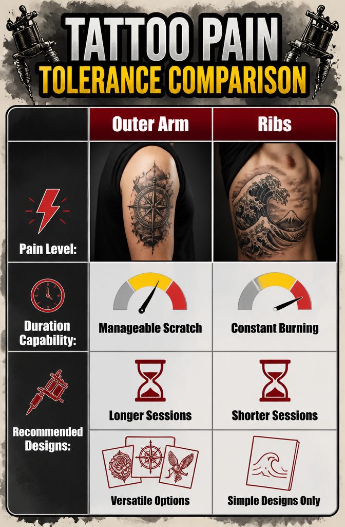 Image illustrating areas of the body with varying pain tolerance for tattoos.