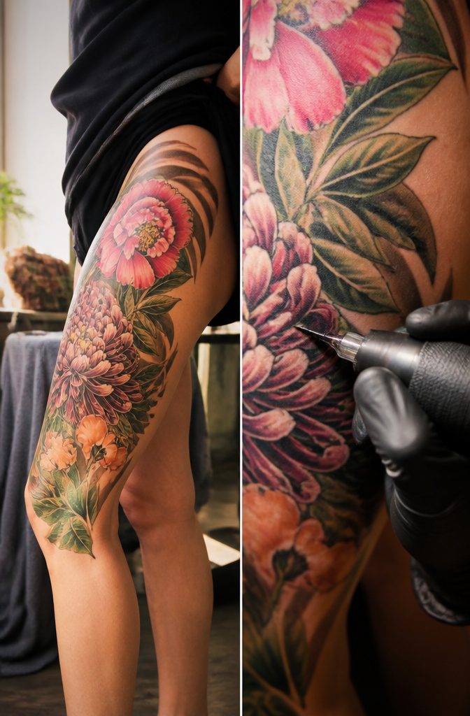 Tattoo designs displayed on a table, emphasizing size and placement.