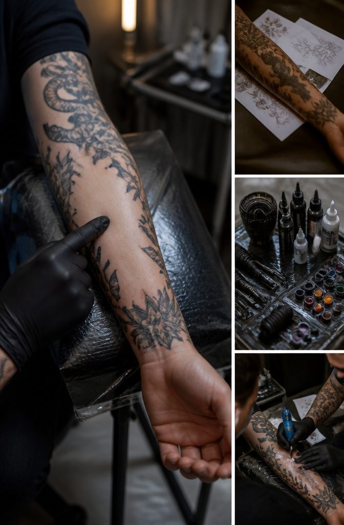 Tattoo artist examining a client's arm with existing tattoos.
