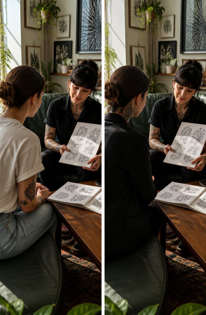 A tattoo artist consulting with a client about tattoo placement.