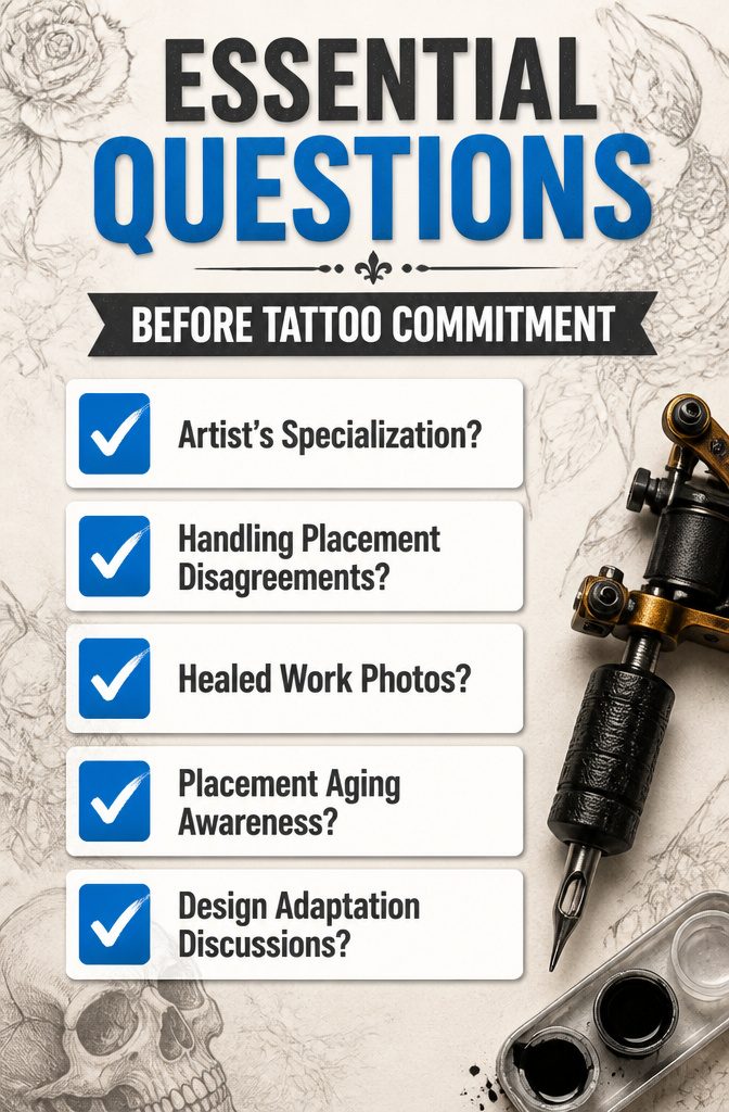 List of essential questions for tattoo placement consultation.