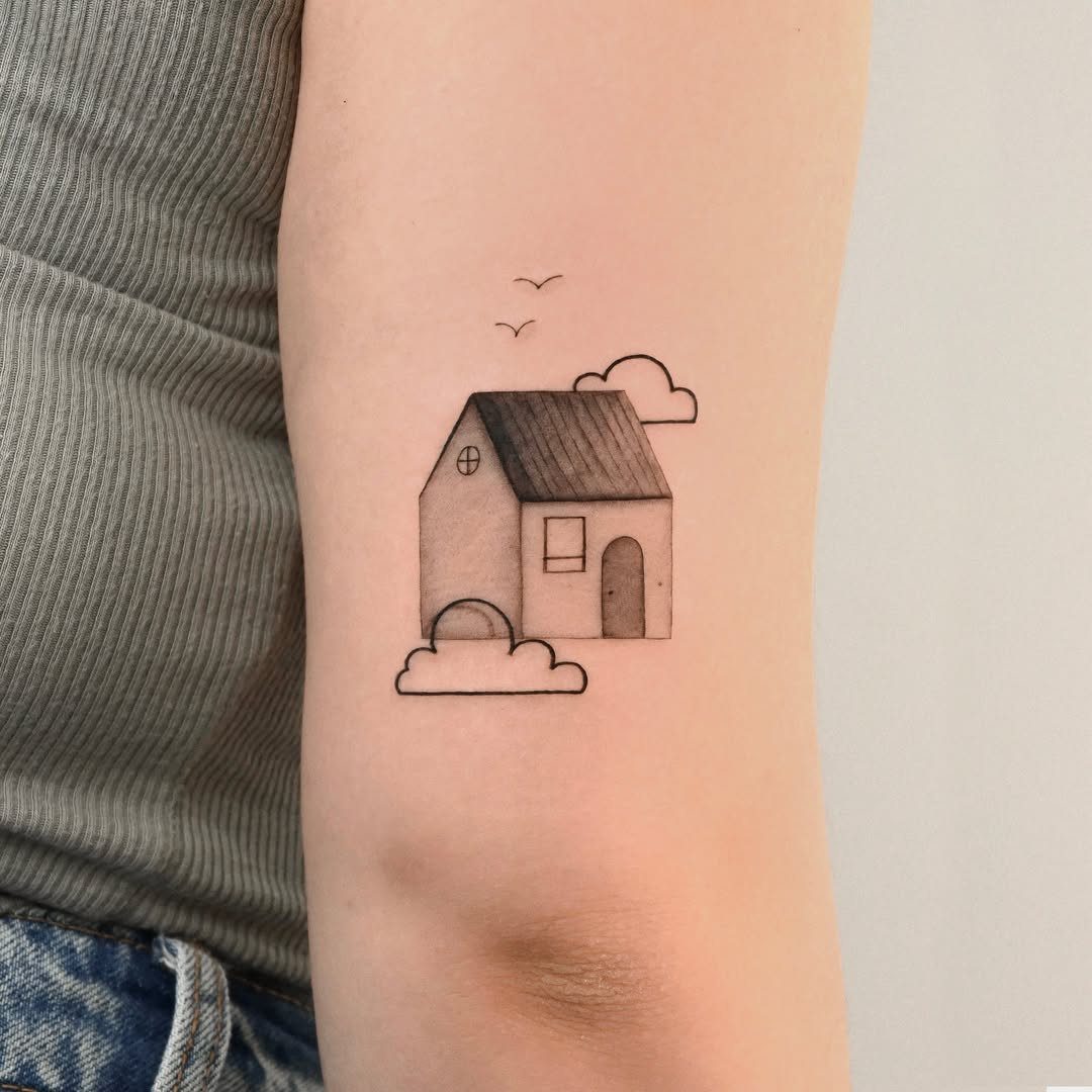 7 Tattoo Style Home Designs for Your Next Ink 7 A minimalist black ink tattoo of a simple house with clouds on a person's arm.