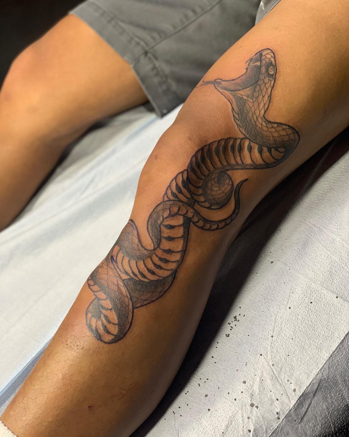 A large black and grey traditional snake tattoo winding down a person's shin.