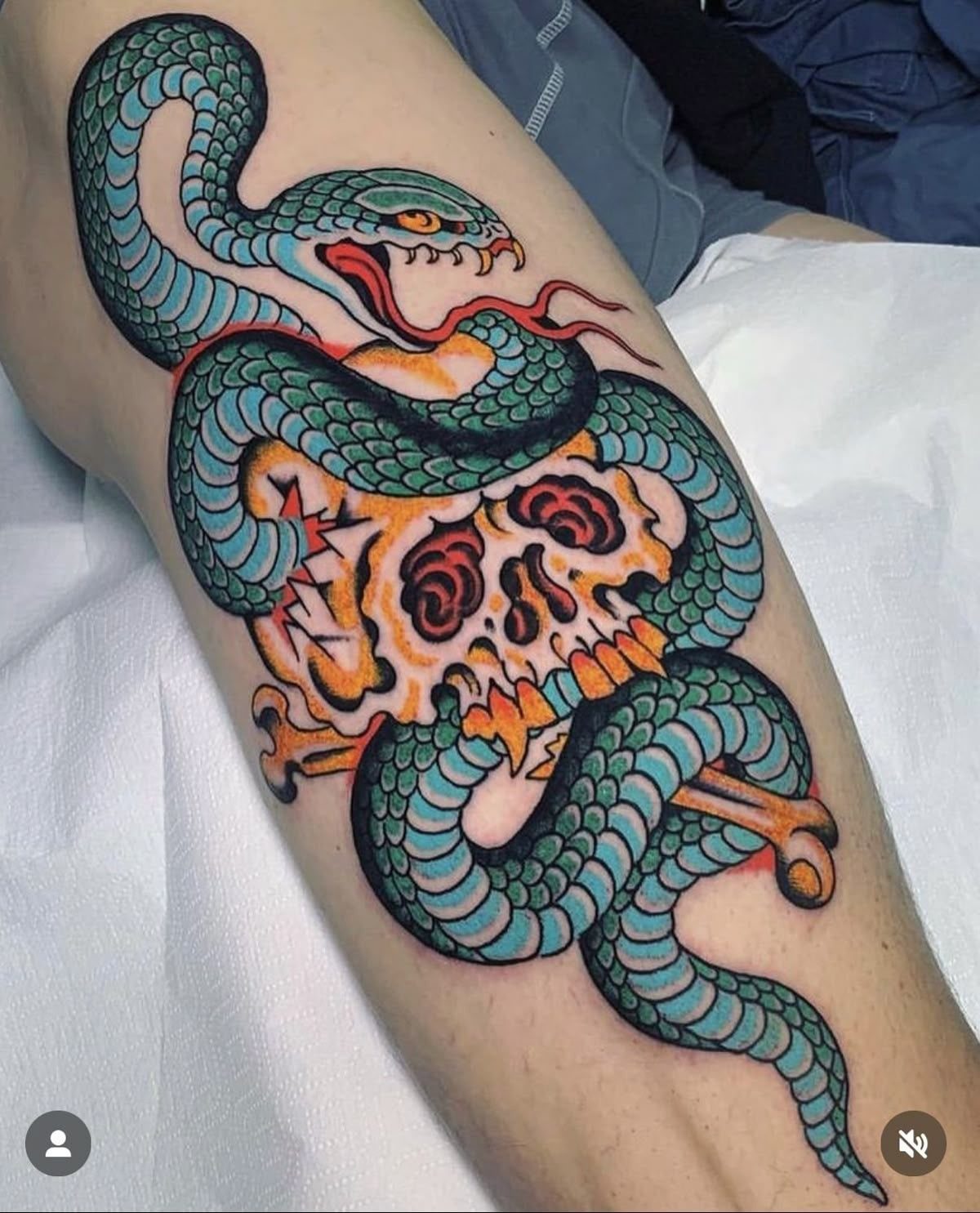 A traditional teal snake tattoo coiled around a yellow skull on a person's leg.