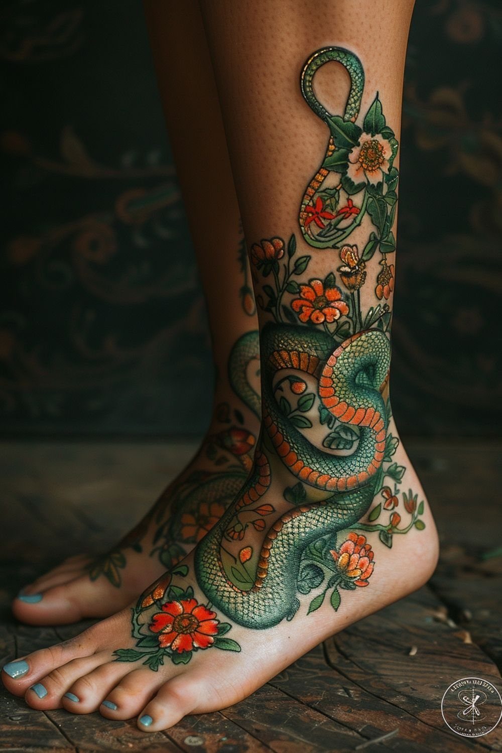 A large traditional snake and floral tattoo winding around a person's lower legs and feet.