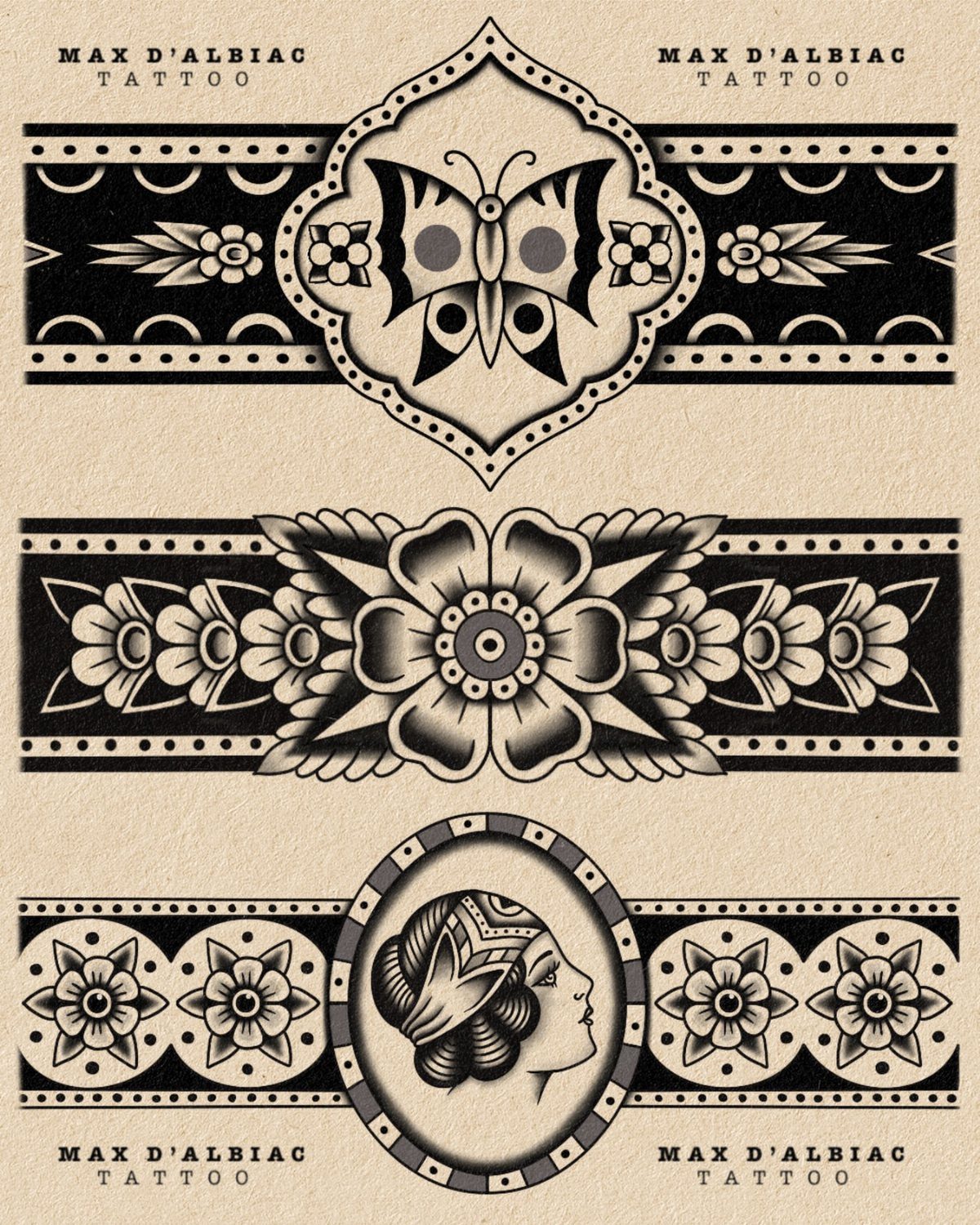 8 Traditional Tattoo Cuff Ideas for Wrists and Forearms 7 Three traditional black and tan tattoo band designs featuring a butterfly, floral patterns, and a woman's profile.